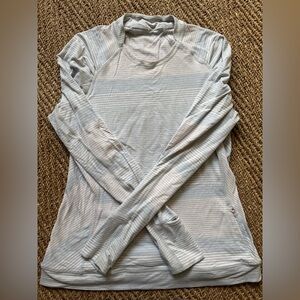 Lululemon Think Fast Long Sleeve Top in Om Stripe Heathered Silver Spoon.
